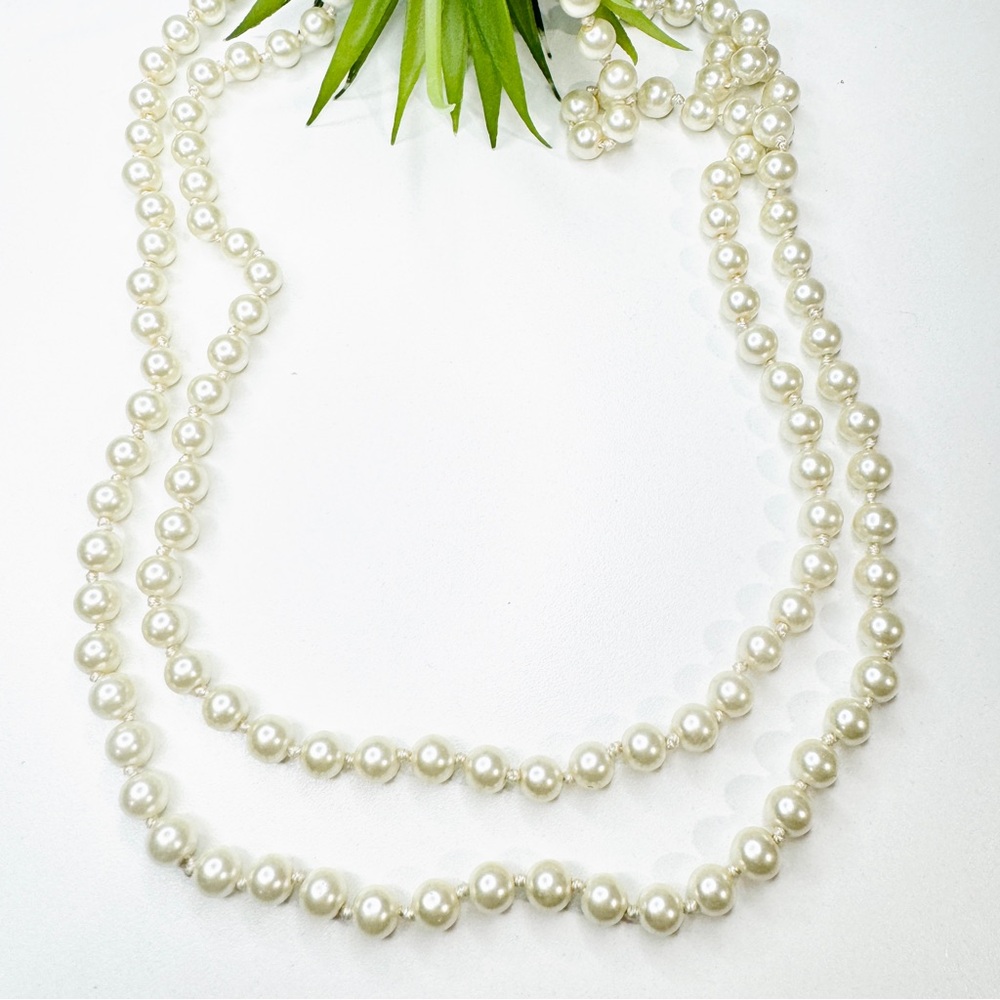 Vintage 60” White Faux Pearl Glass Hand Knotted Beaded Endless Strand Necklace